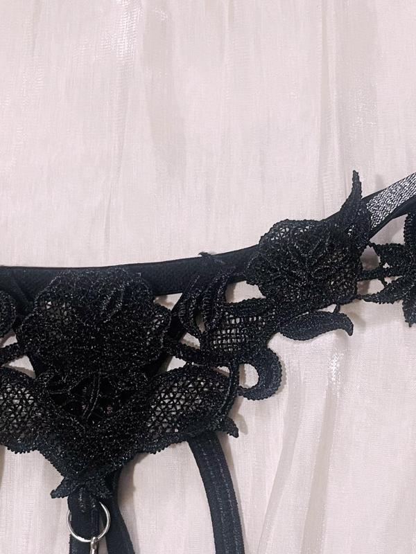 Women's Floral Embroidery Rhinestones Decor Sexy Thong, Sexy Comfy Contrast Lace Panty for Daily Wear, Women's Knicker for All Seasons